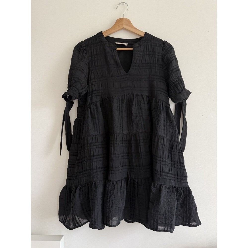✿ Black Tiered Boho Mini Dress Cotton Viscose Textured Tie Sleeves